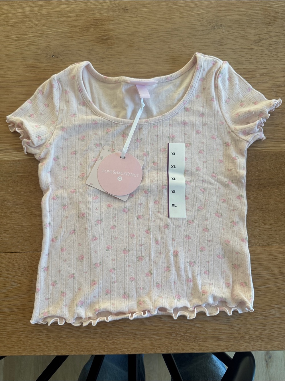 LoveShackFancy (target) Pale Pink Ribbed Floral Short Sleeve Tee